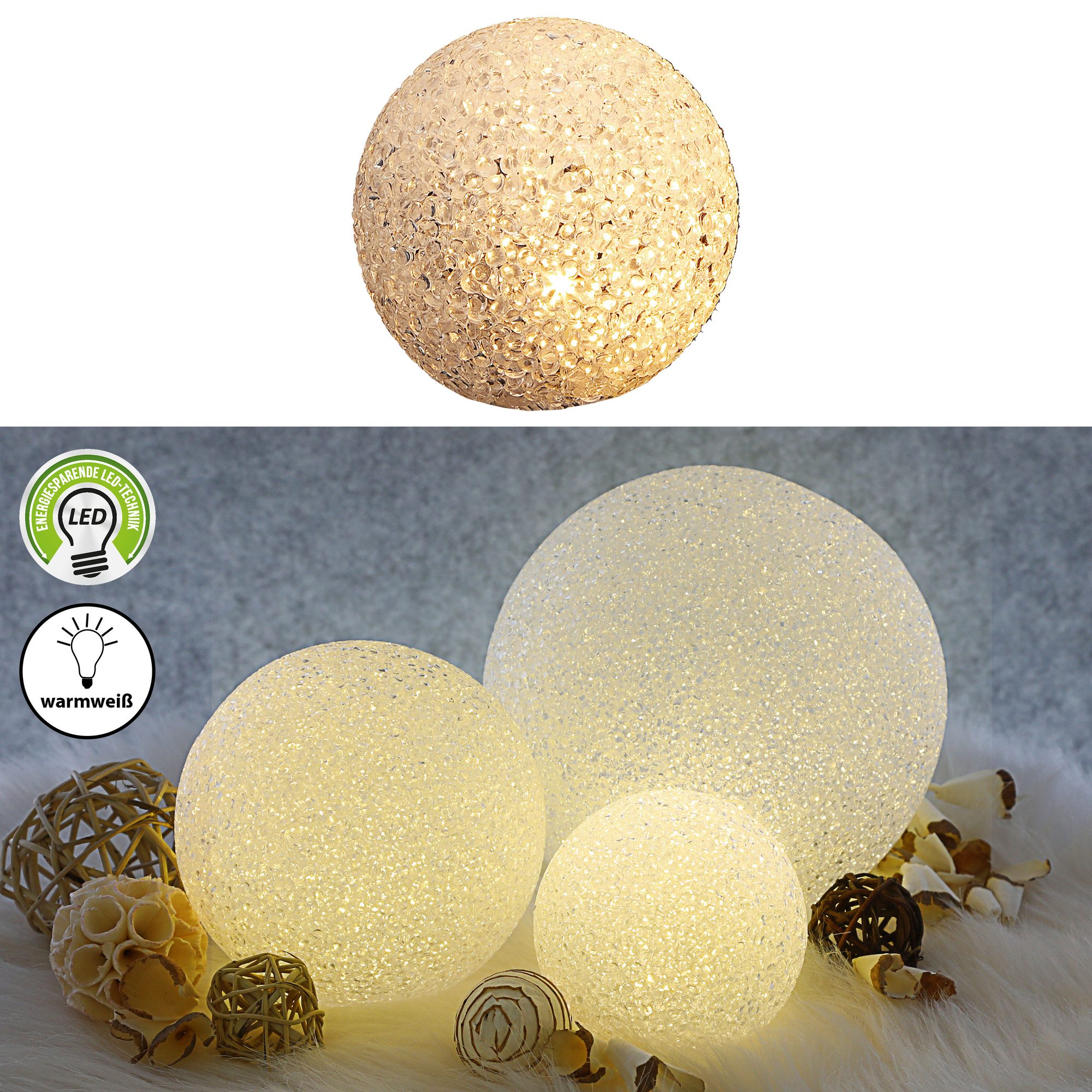 LED Crinkle Kugel Ø:10/20 Weiß Warmweiß Lampe Leuchtkugel Dekokugel Batterie
