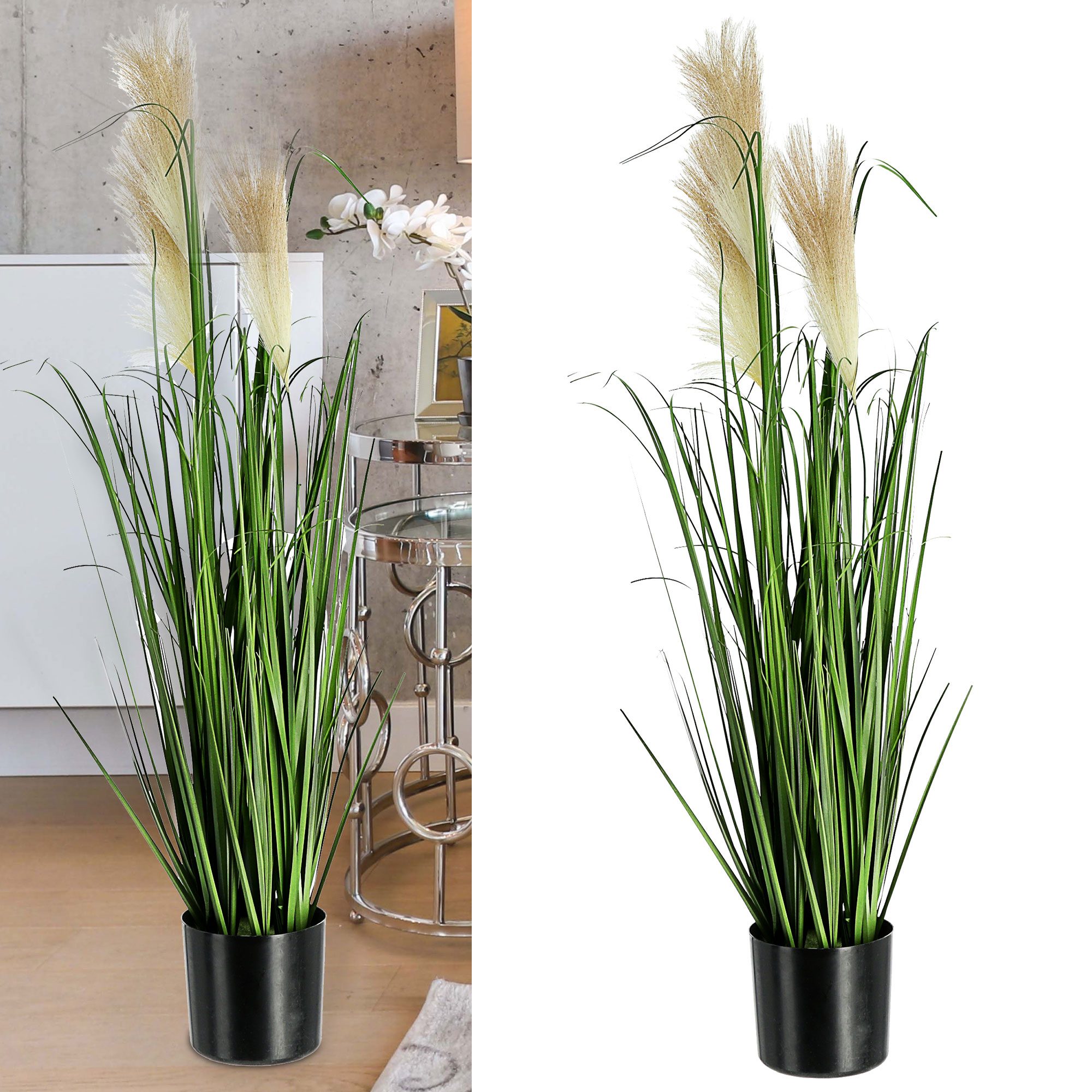 Kunstpflanze Wildgras mit Wedel Topf Pampasgras Dekogras H85cm Jute Ziergras