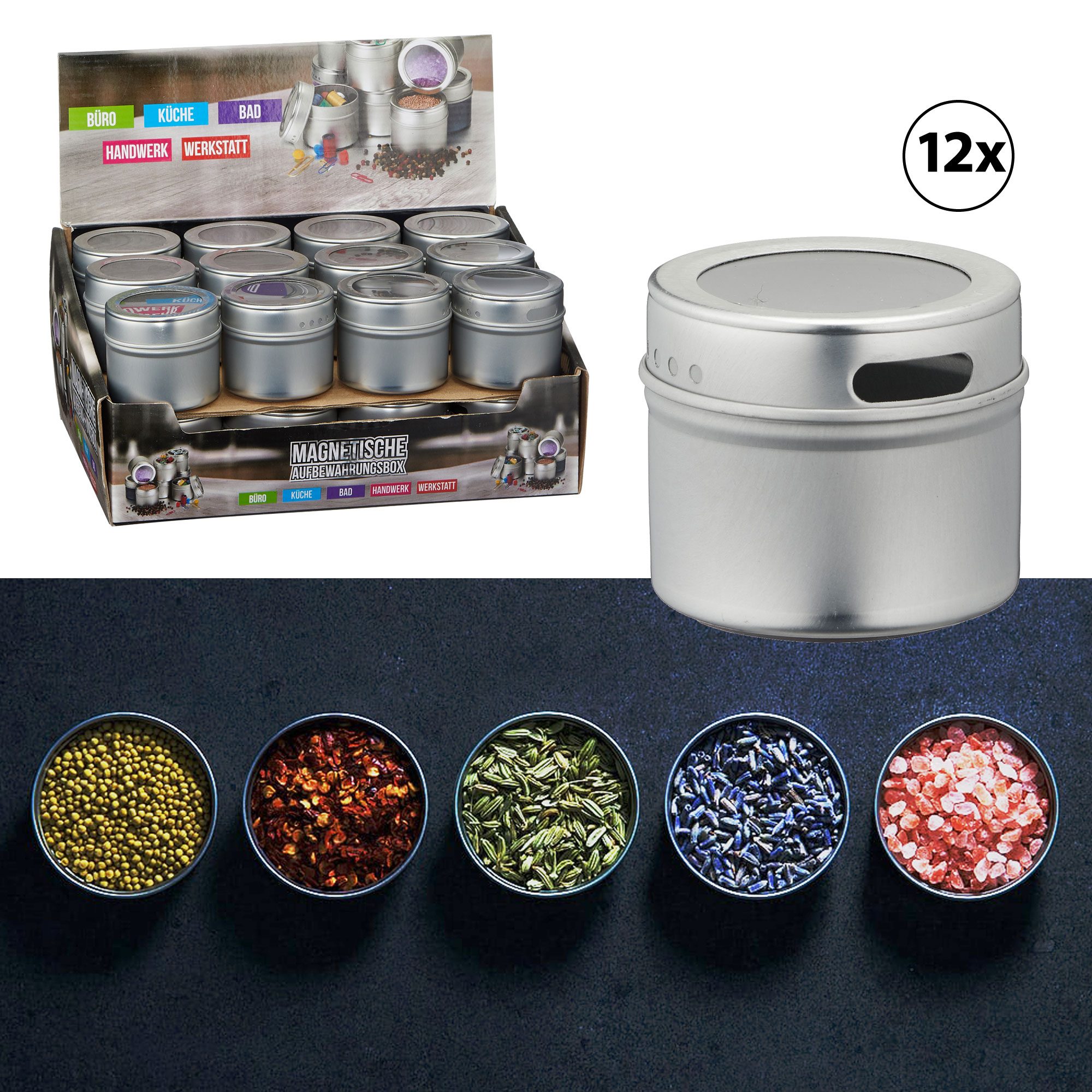 6x/12x/24x Gewürzdosen Set Magnetisch Ø6x5cm Set Aufbewahrungsdosen Gewüzstreuer