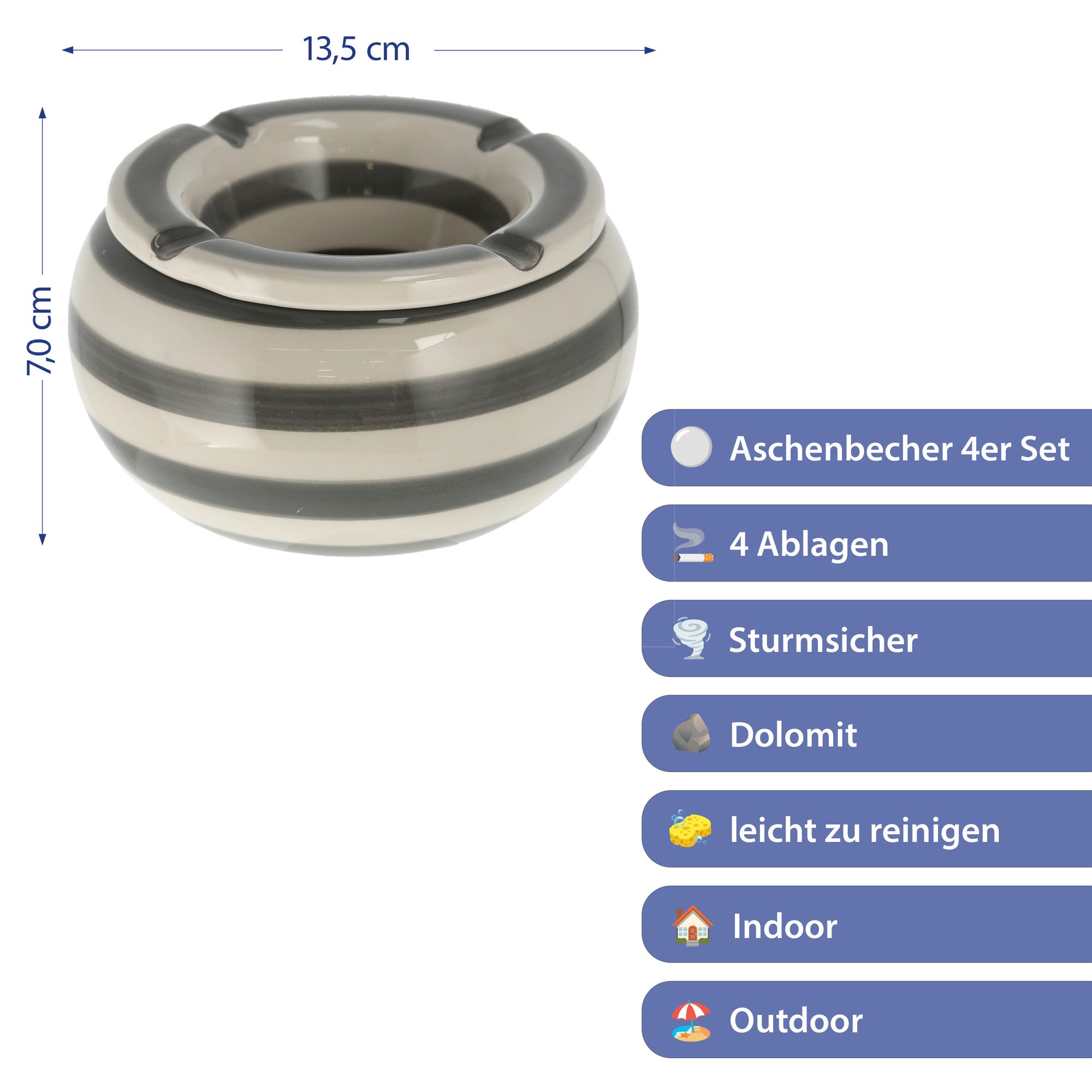 1/4x Sturmaschenbecher grau/weiß Ø13,5x7cm Windaschenbecher Ascher Aschenbecher