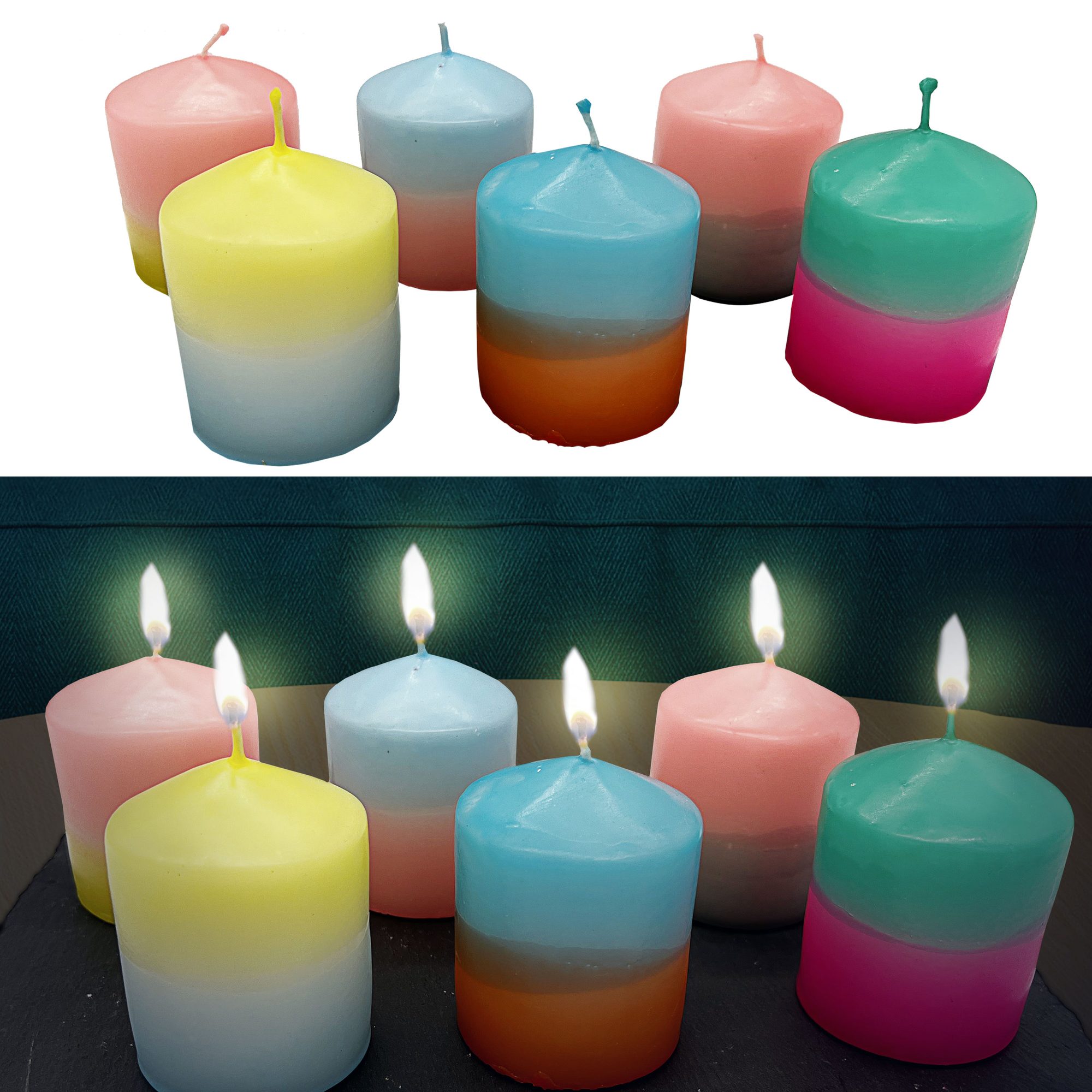 6x Stumpenkerze Kerze Set Ø6x8cm Bunt 6 Farbverlauf 5h Brenndauer Rund Dekokerze